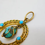 Victorian 9ct Yellow Gold & Turquoise Arts & Crafts Drop Pendant Antique
