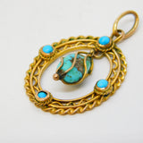 Victorian 9ct Yellow Gold & Turquoise Arts & Crafts Drop Pendant Antique