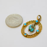 Victorian 9ct Yellow Gold & Turquoise Arts & Crafts Drop Pendant Antique