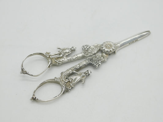 Sterling Silver Regency Couple & Floral Pattern Grape Scissors 1970 Vintage