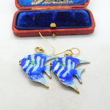 Enamel & Sterling Silver Gilt Tropical Fish Dangling Ear Pendant Earrings Antique
