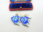 Enamel & Sterling Silver Gilt Tropical Fish Dangling Ear Pendant Earrings Antique