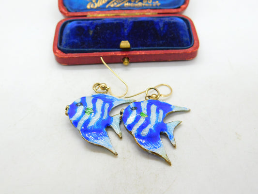 Enamel & Sterling Silver Gilt Tropical Fish Dangling Ear Pendant Earrings Antique