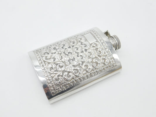 Anglo-Indian Style Sterling Silver Large Floral Pattern Hip Flask Vintage c1960