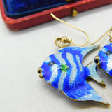 Enamel & Sterling Silver Gilt Tropical Fish Dangling Ear Pendant Earrings Antique