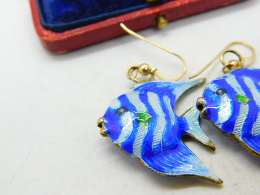 Enamel & Sterling Silver Gilt Tropical Fish Dangling Ear Pendant Earrings Antique