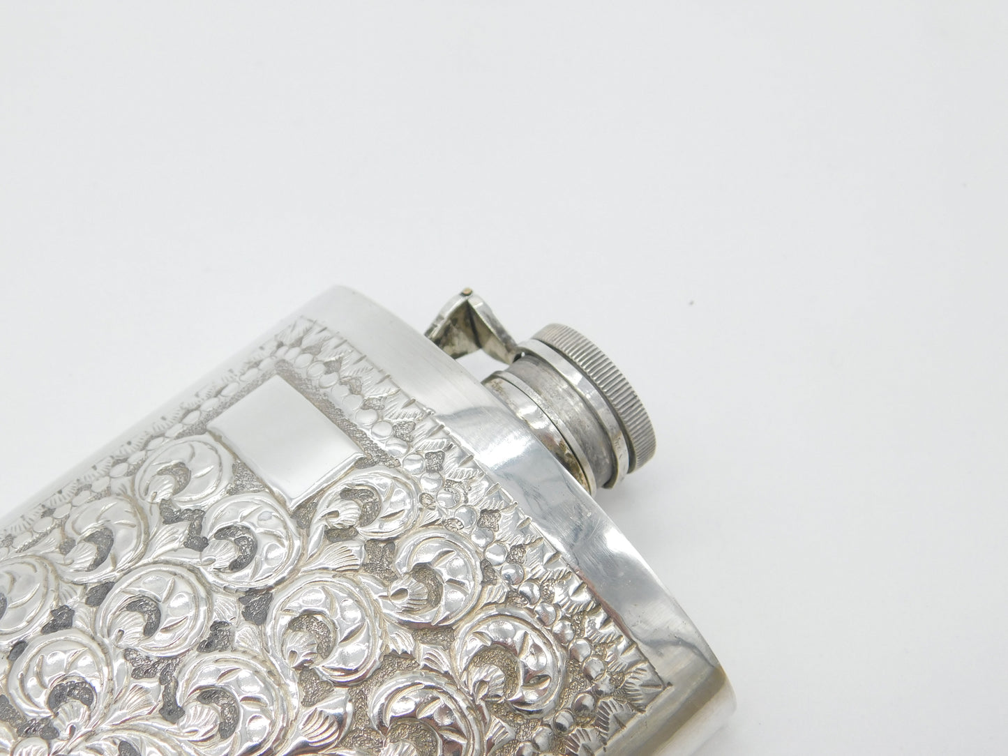 Anglo-Indian Style Sterling Silver Large Floral Pattern Hip Flask Vintage c1960