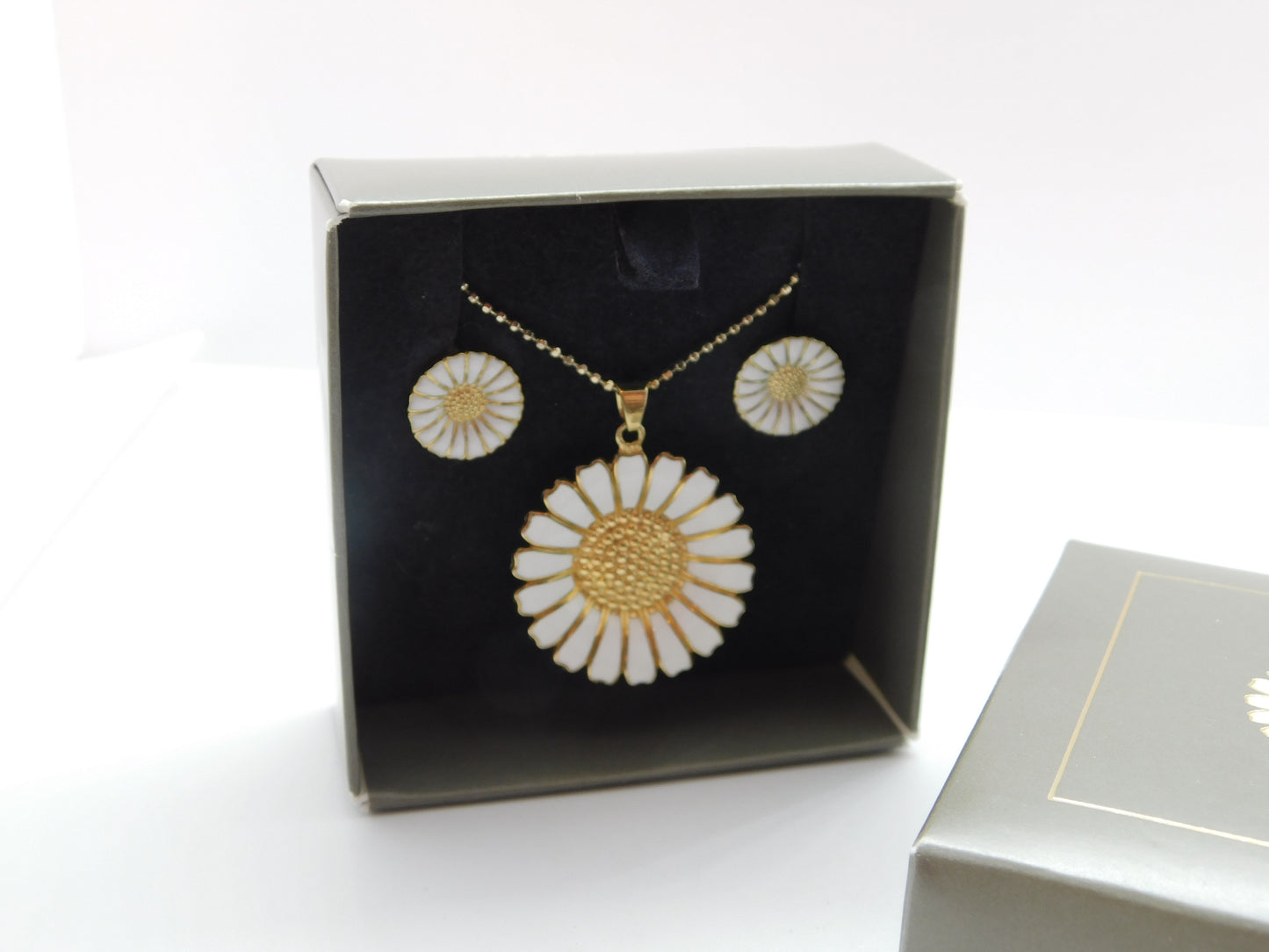 Georg Jensen Sterling Silver Enamel Daisy Necklace Earrings Suite Boxed Vintage