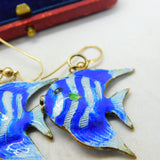 Enamel & Sterling Silver Gilt Tropical Fish Dangling Ear Pendant Earrings Antique