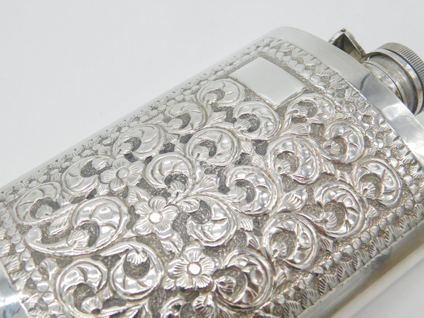 Anglo-Indian Style Sterling Silver Large Floral Pattern Hip Flask Vintage c1960