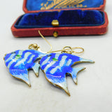 Enamel & Sterling Silver Gilt Tropical Fish Dangling Ear Pendant Earrings Antique