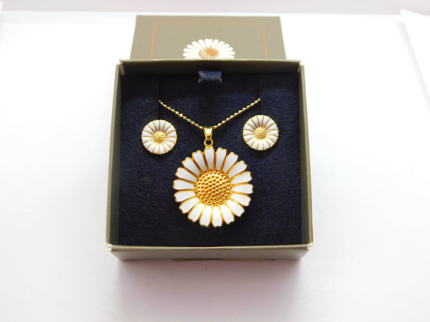 Georg Jensen Sterling Silver Enamel Daisy Necklace Earrings Suite Boxed Vintage