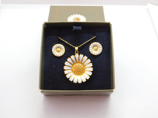 Georg Jensen Sterling Silver Enamel Daisy Necklace Earrings Suite Boxed Vintage