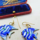 Enamel & Sterling Silver Gilt Tropical Fish Dangling Ear Pendant Earrings Antique
