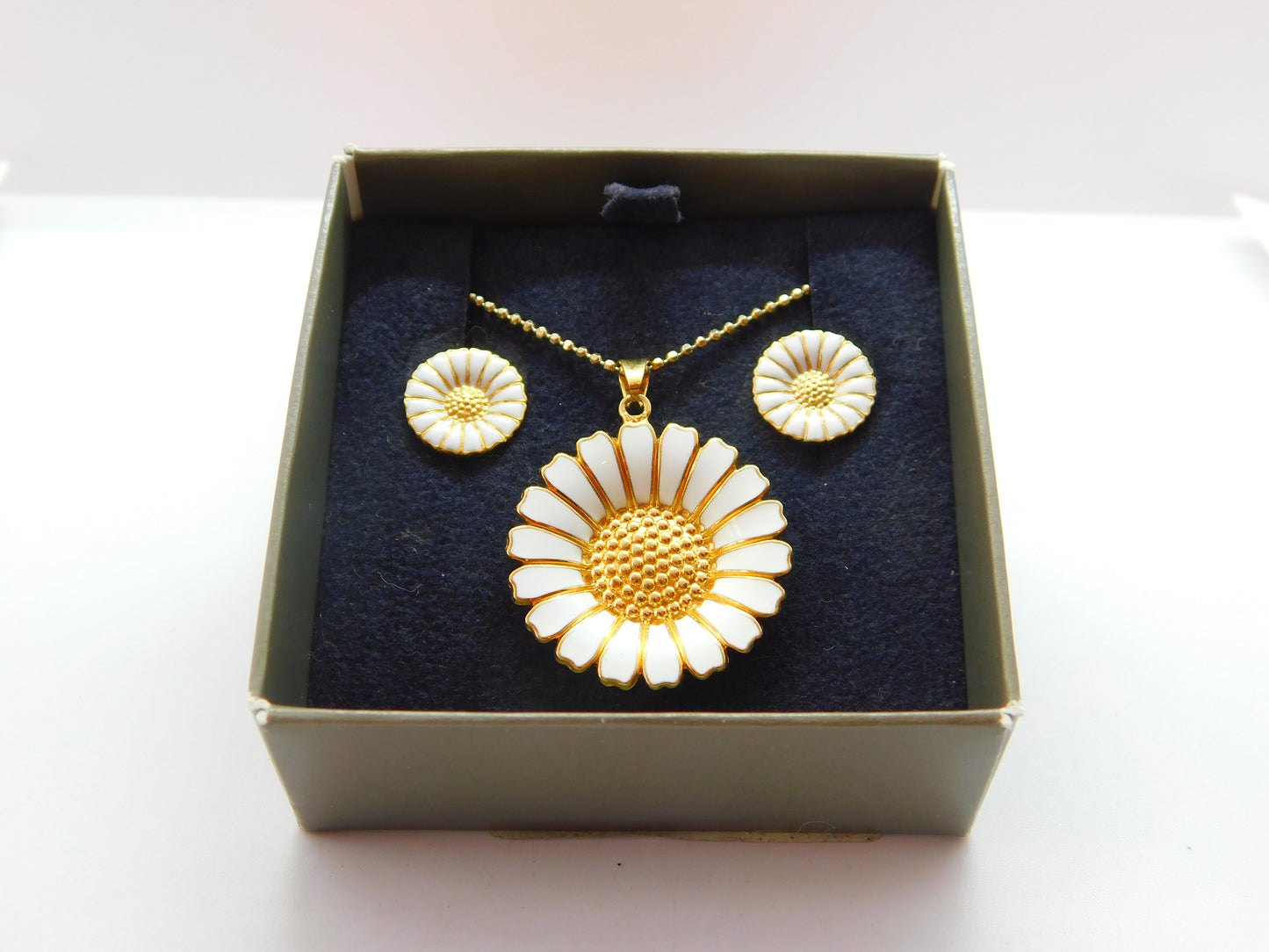 Georg Jensen Sterling Silver Enamel Daisy Necklace Earrings Suite Boxed Vintage