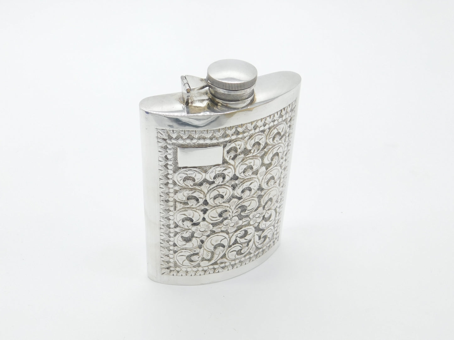 Anglo-Indian Style Sterling Silver Large Floral Pattern Hip Flask Vintage c1960