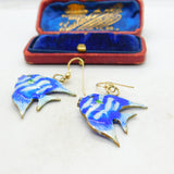 Enamel & Sterling Silver Gilt Tropical Fish Dangling Ear Pendant Earrings Antique