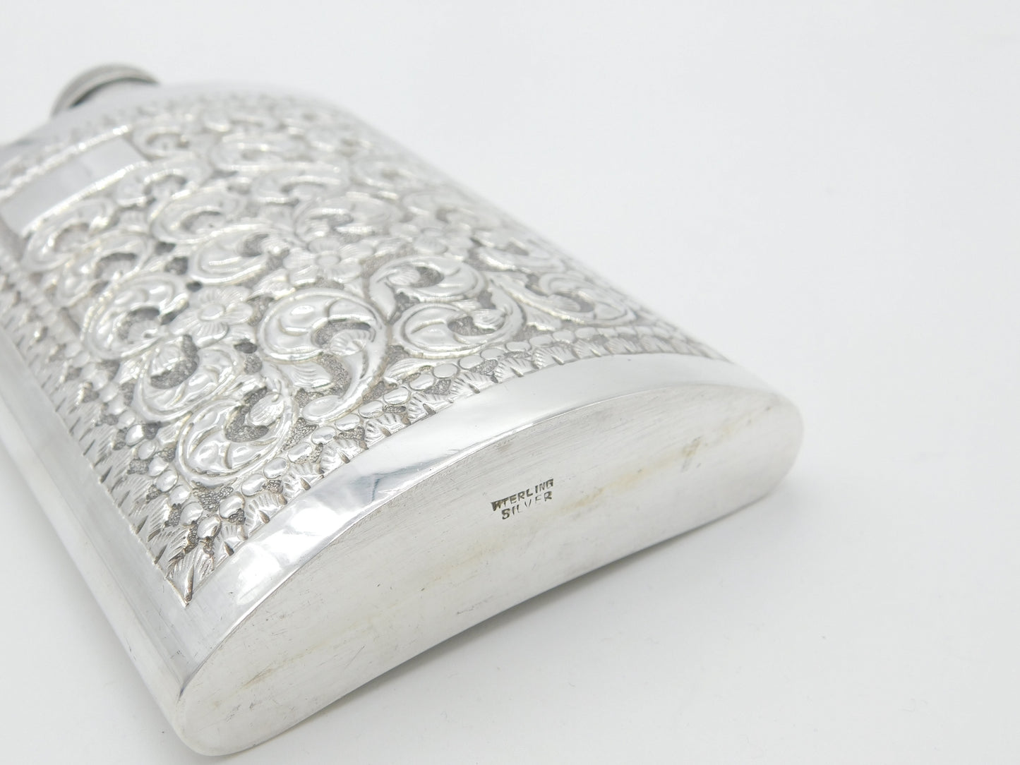 Anglo-Indian Style Sterling Silver Large Floral Pattern Hip Flask Vintage c1960