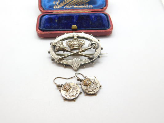 Queen Victoria Sterling Silver Golden Jubilee Brooch Earring Set Antique 1887