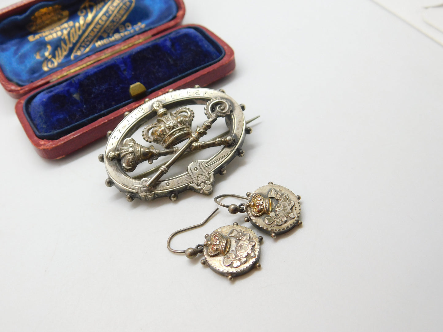 Queen Victoria Sterling Silver Golden Jubilee Brooch Earring Set Antique 1887