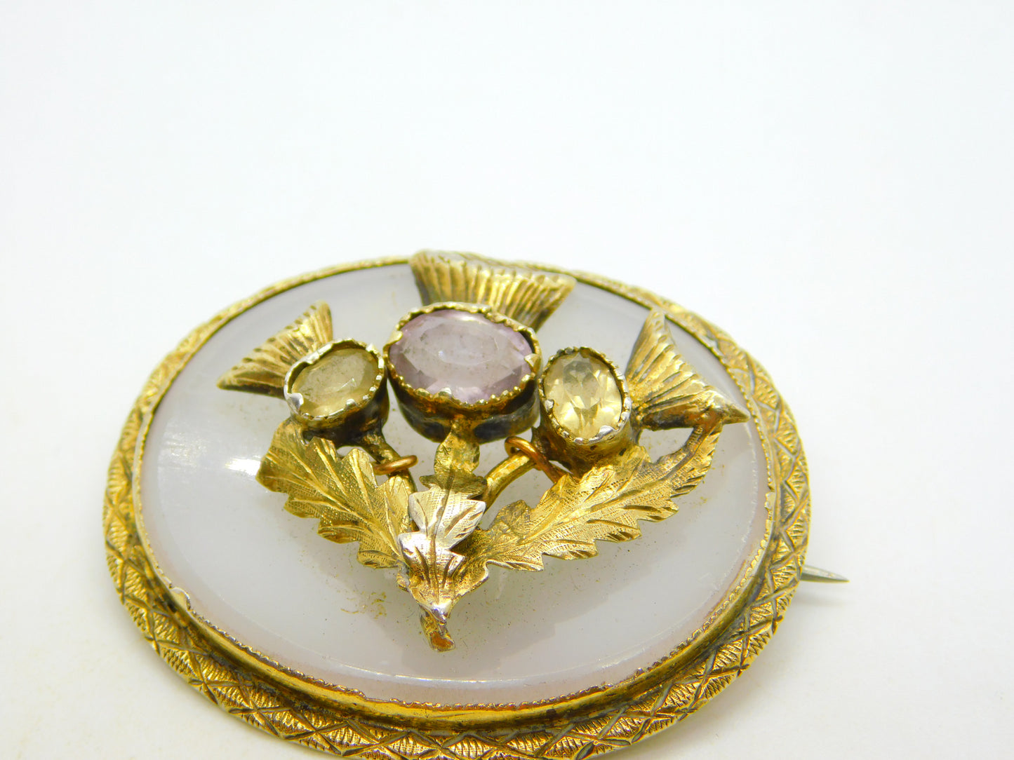 Victorian Sterling Silver Gilt & Chalcedony Scottish Sweetheart Brooch Antique c1880