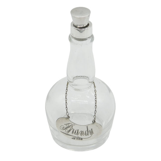 Sterling Silver Glass Brandy Bottle Decanter & Label Antique 1913 Birmingham