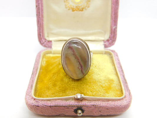 Sterling Silver Large Cabochon Derbyshire Blue John Signet Ring c1930 Antique