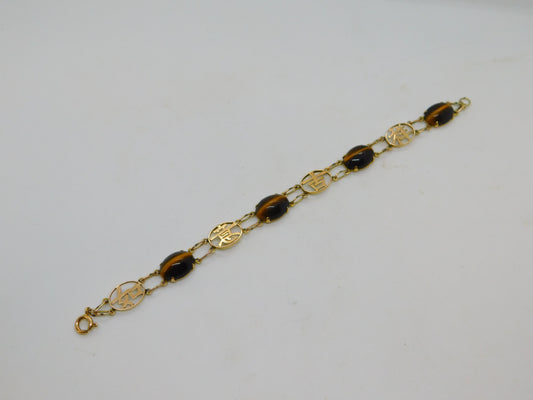 9ct Yellow Gold Cabochon Tiger's Eye Chinese Character Bracelet Vintage c1970