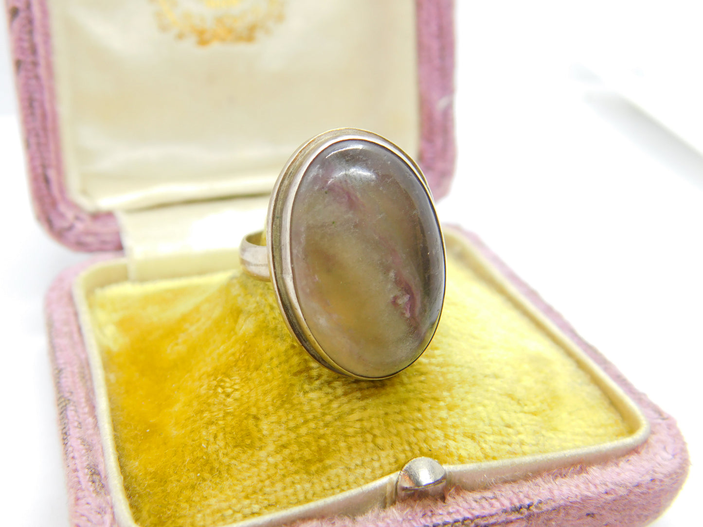 Sterling Silver Large Cabochon Derbyshire Blue John Signet Ring c1930 Antique