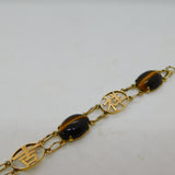 9ct Yellow Gold Cabochon Tiger's Eye Chinese Character Bracelet Vintage c1970