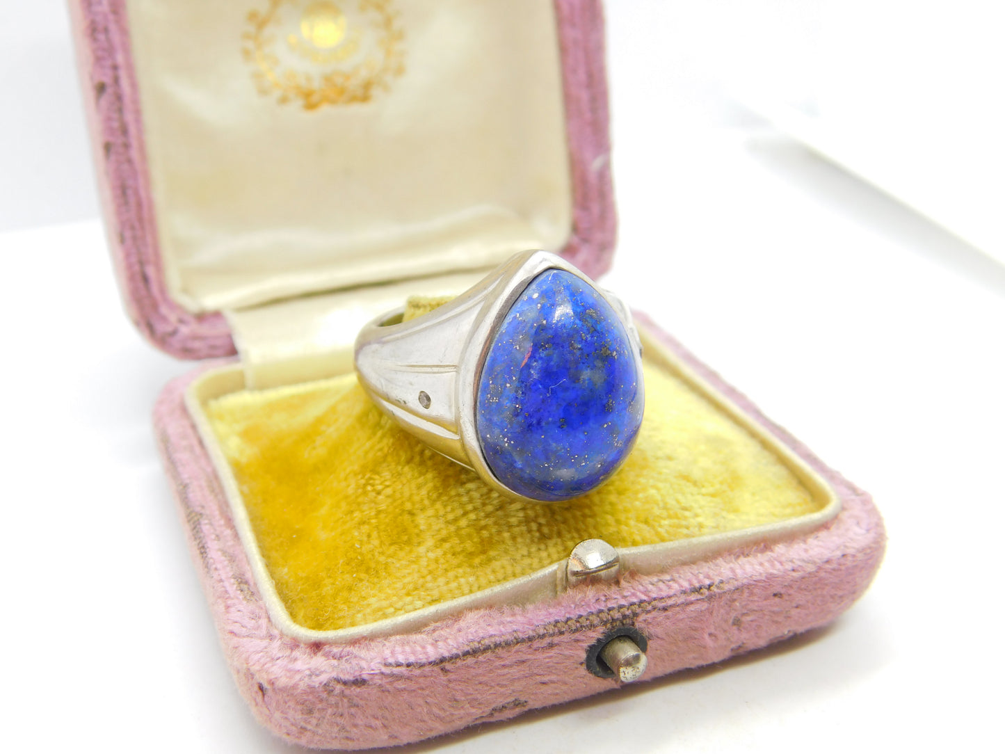 Large Sterling Silver, Lapis Lazuli & Diamond Signet Ring Vintage Birmingham