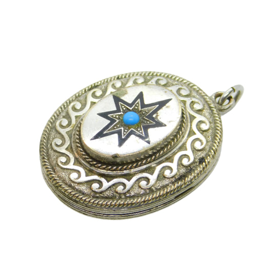 Victorian Silver Plated, Black Enamel & Turquoise Mourning Locket Antique c1860
