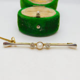 Victorian 15ct Gold, 0.2ct Rose Cut Diamond & Pearl Bar Brooch Antique c1890