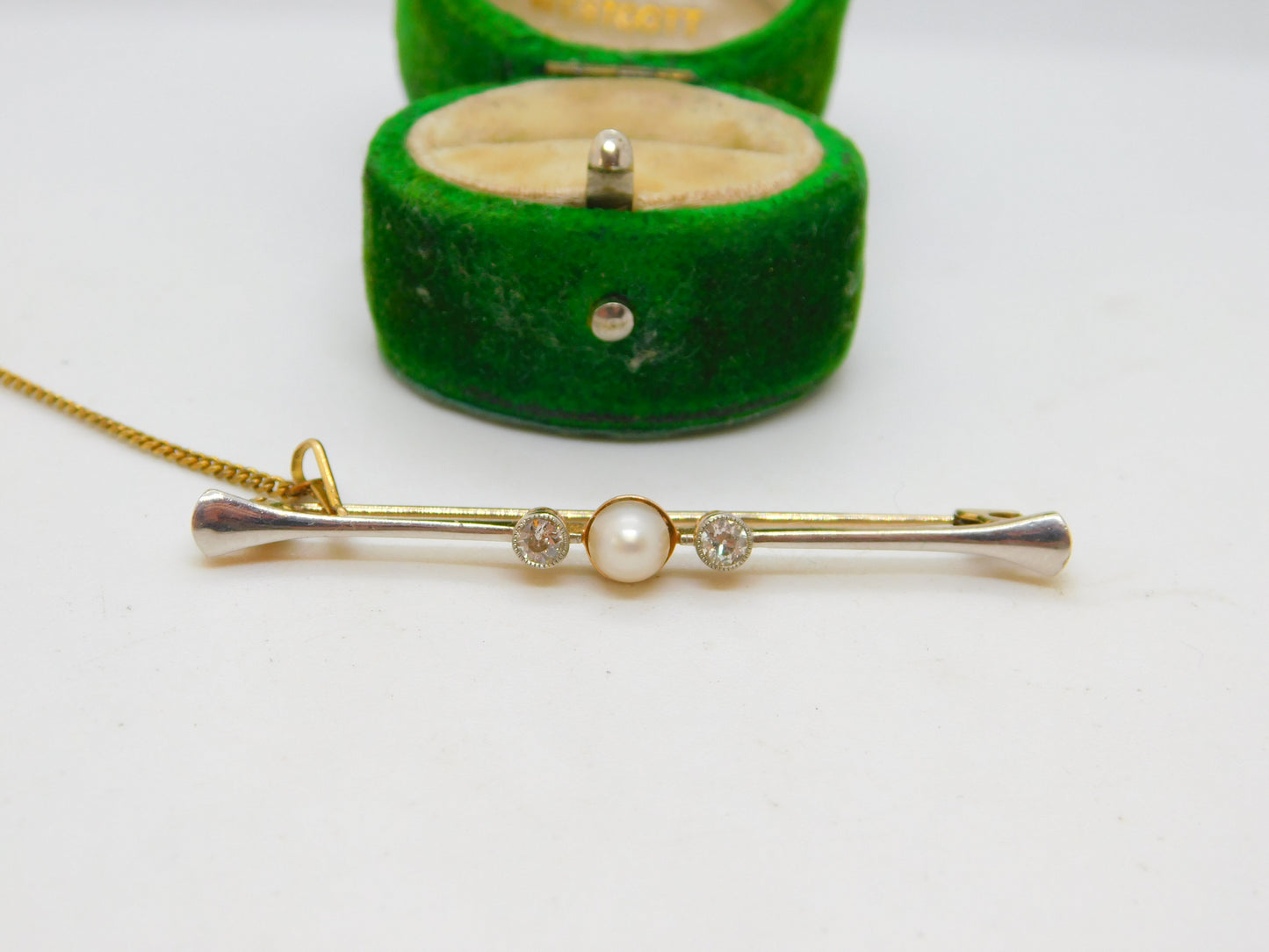 Victorian 15ct Gold, 0.2ct Rose Cut Diamond & Pearl Bar Brooch Antique c1890