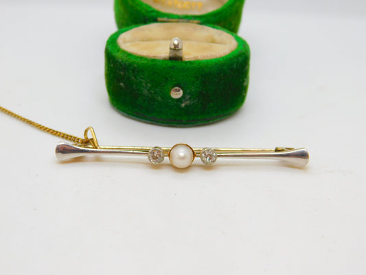 Victorian 15ct Gold, 0.2ct Rose Cut Diamond & Pearl Bar Brooch Antique c1890