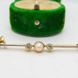 Victorian 15ct Gold, 0.2ct Rose Cut Diamond & Pearl Bar Brooch Antique c1890