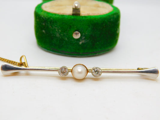 Victorian 15ct Gold, 0.2ct Rose Cut Diamond & Pearl Bar Brooch Antique c1890