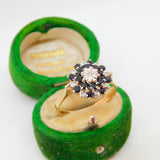 9ct Yellow Gold, Sapphire & Diamond Floral Cluster Ring Vintage 1973 Birmingham