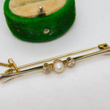 Victorian 15ct Gold, 0.2ct Rose Cut Diamond & Pearl Bar Brooch Antique c1890