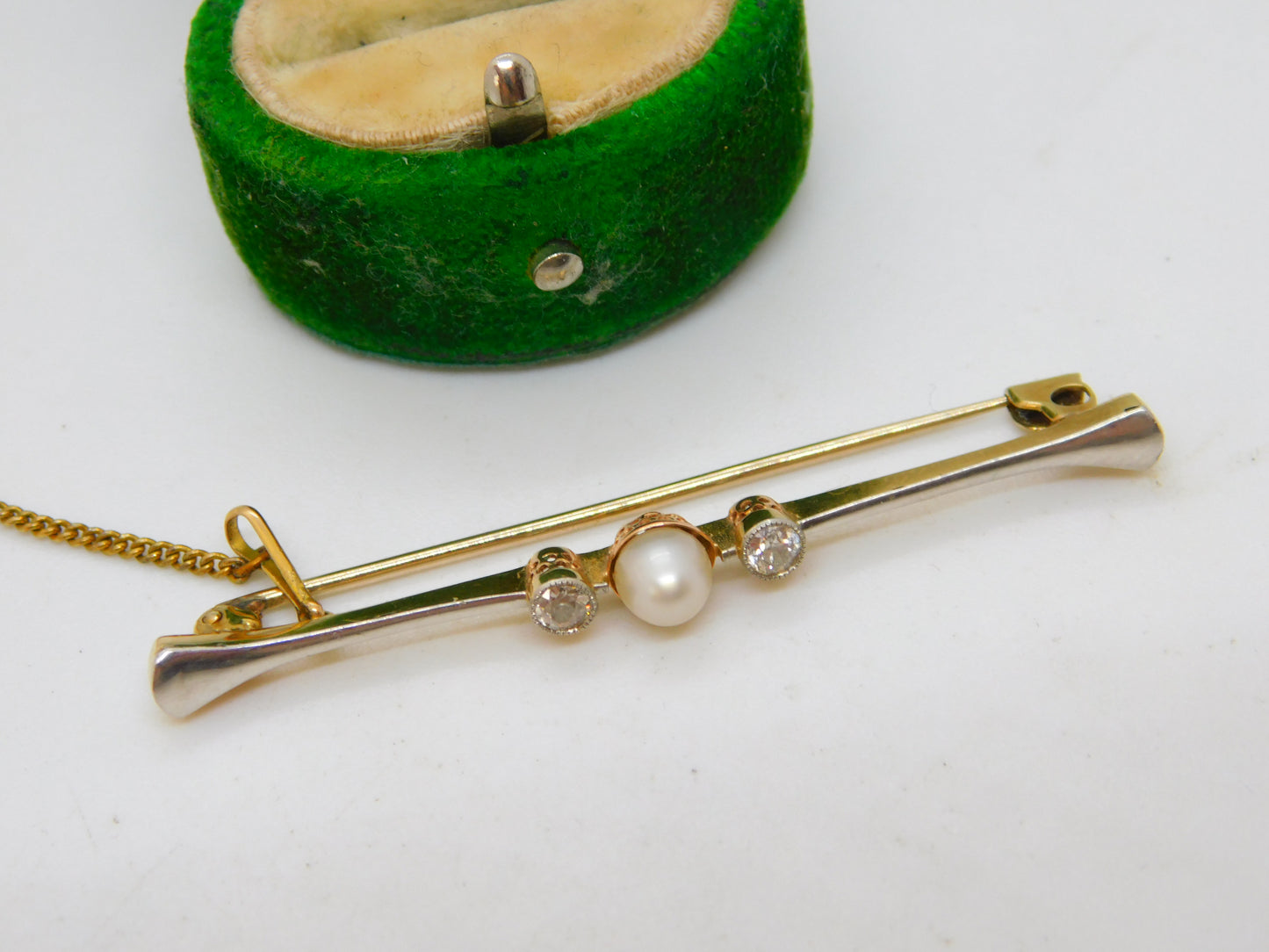 Victorian 15ct Gold, 0.2ct Rose Cut Diamond & Pearl Bar Brooch Antique c1890