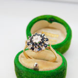 9ct Yellow Gold, Sapphire & Diamond Floral Cluster Ring Vintage 1973 Birmingham