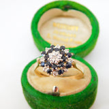 9ct Yellow Gold, Sapphire & Diamond Floral Cluster Ring Vintage 1973 Birmingham