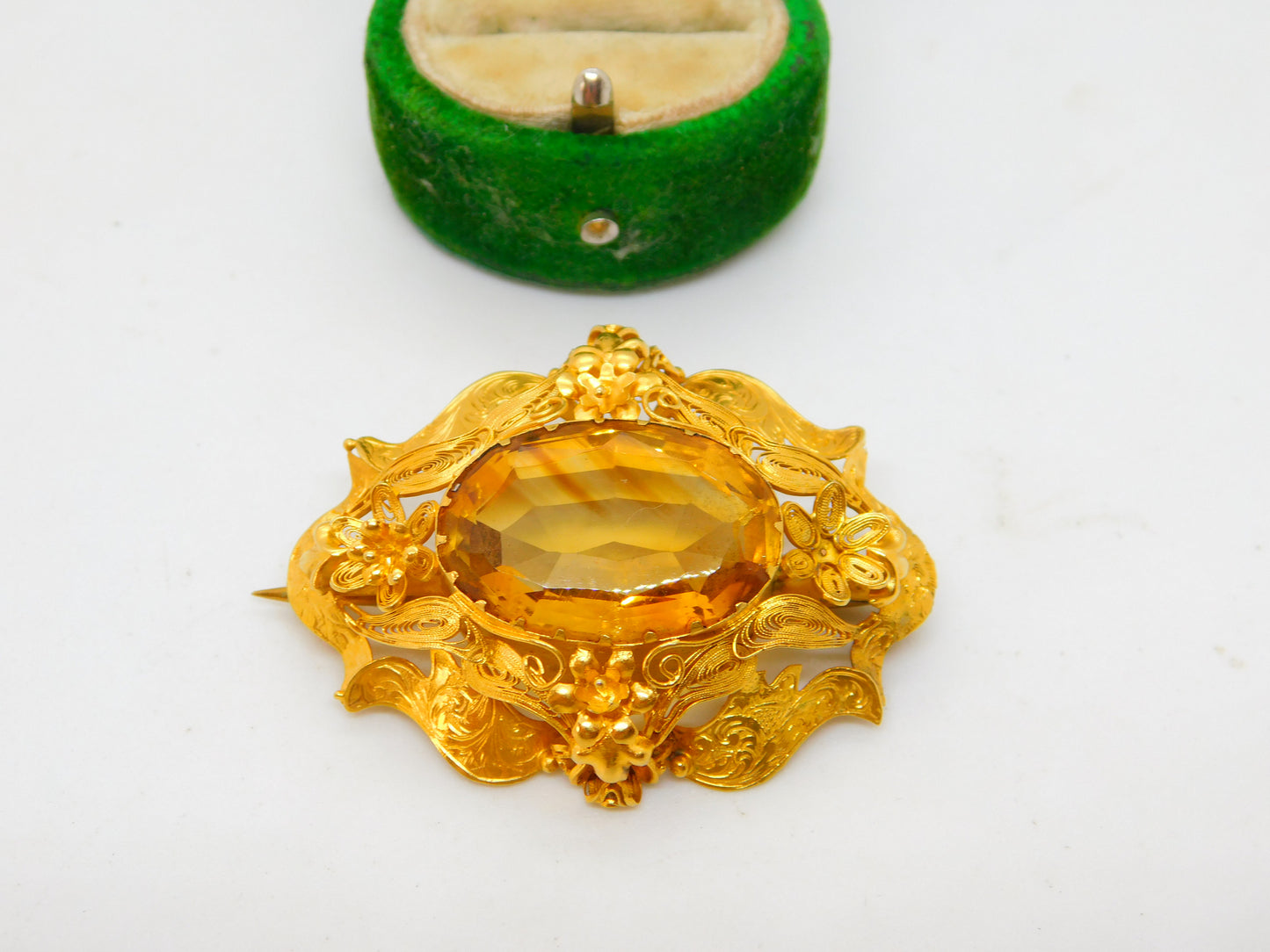 Victorian 22ct Gold Filigree Form & Faceted Citrine Floral Brooch Antique c1860