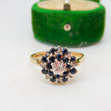 9ct Yellow Gold, Sapphire & Diamond Floral Cluster Ring Vintage 1973 Birmingham