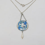 Art Nouveau Sterling Silver Guilloche Enamel, Pearl Drop Necklace Antique 1909 Birmingham