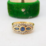 18ct Yellow Gold, 0.25ct Diamond & Sapphire Floral Dress Ring Vintage c1970