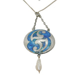 Art Nouveau Sterling Silver Guilloche Enamel, Pearl Drop Necklace Antique 1909 Birmingham
