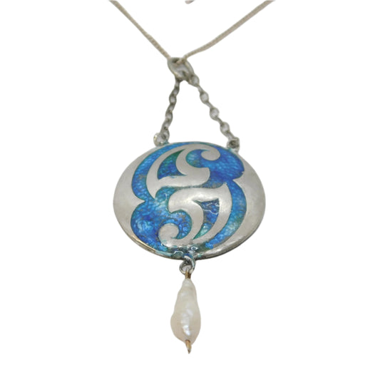 Art Nouveau Sterling Silver Guilloche Enamel, Pearl Drop Necklace Antique 1909 Birmingham