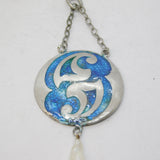 Art Nouveau Sterling Silver Guilloche Enamel, Pearl Drop Necklace Antique 1909 Birmingham