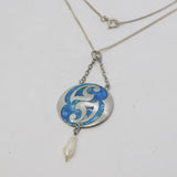 Art Nouveau Sterling Silver Guilloche Enamel, Pearl Drop Necklace Antique 1909 Birmingham